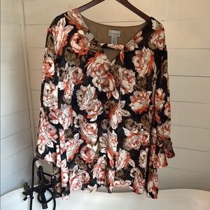 Catherines Black, Coral and White Ruffled 3/4 Sleeve Blouse